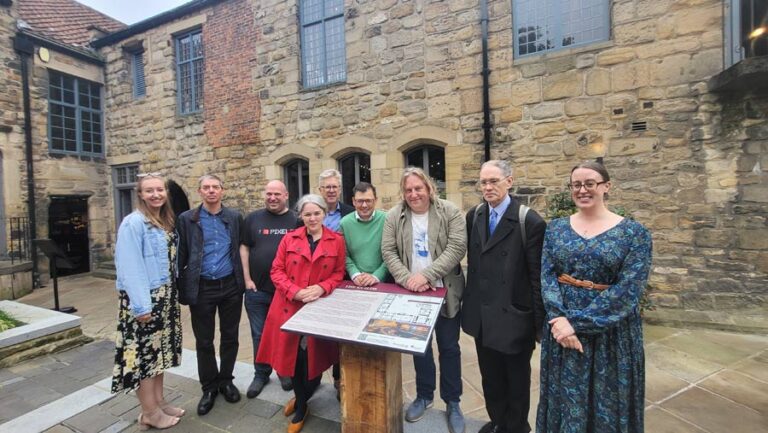 Lizzie Ranson, impact programme manager from Durham University, David Heslop and Iwan Peverett, New Visions, Dr Amanda Herbert, Durham University, Andy Hook, owner Blackfriars, Professor Giles Gasper, Medieval Studies, Durham University, Dr Aiden Green, Dr Eric Cambridge, local archeologist and Rachael Barnwell, from Durham University.