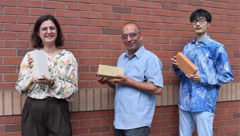 earth4Earth team members Cecelia Pesce, Oday Hussein and Xiang Zhang with e4E bricks N30, N10 and L0