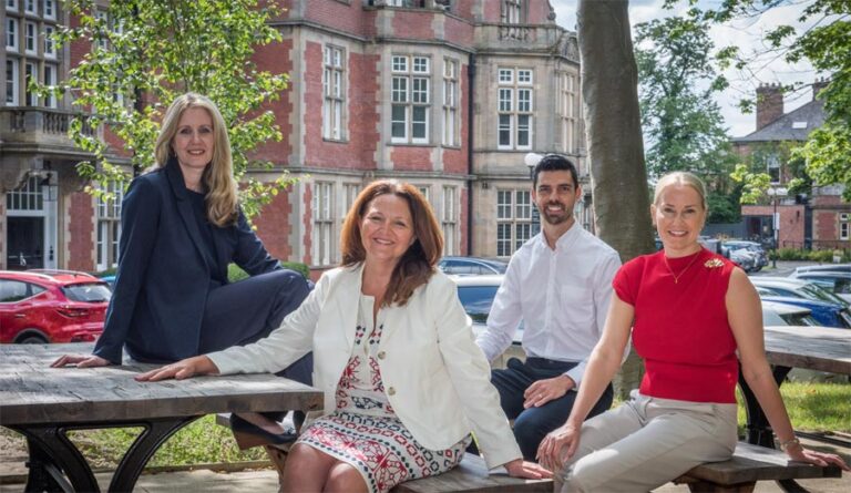 Kate Grant (Director of Estates, Adderstone Group), Sandra Manson (Executive Director of Planning, Pegasus Group), Michael Shipley (Chief Financial Officer, Adderstone Group) and Melanie Tully (Commercial Estates Manager, Adderstone Group) in front of the Adderstone Group Headquarters, The Fleming.