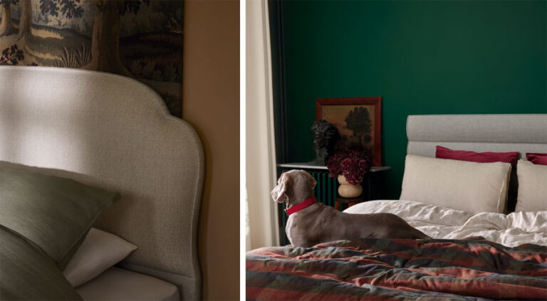 NEW FOR 2025 | Boucle Ivory Fabric shown on the Moncorvo Headboard, Triton Headboard shown in Two Tones Ash, Vispring