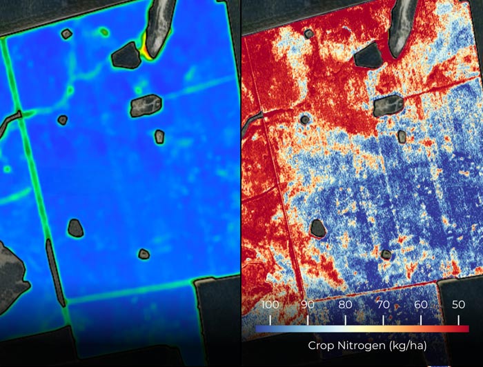 Messium’s hyperspectral satellite analysis (right) compared with standard field imagery (left). By detecting crop nitrogen levels at high precision, Messium’s AI-powered platform pinpoints under- and over-fertilised areas, enabling farmers to cut costs, boost yields, and farm more sustainably.