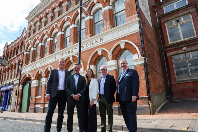 From left: John Heath of Great Hampton Street Button Works Limited, Jamie Davis, head of contracts at Kavannagh Construction, Sarah Edwards from BPN Architects, Richard Parker, Mayor of the West Midlands and Richard Whitehouse, director of Hanehouse Developments outsiode the restored Great Hampton Street Works