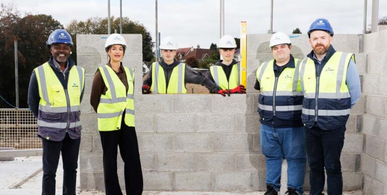 Robert Theophile (Wynne Construction site manager), Ruth Sainsbury (ITEC Training Solutions Ltd area manager), Luke Byrnes Alfie Delahay and (ITEC placements) Craig Sweet (Wynne Construction social value manager), John Watts (Wynne Construction site manager).