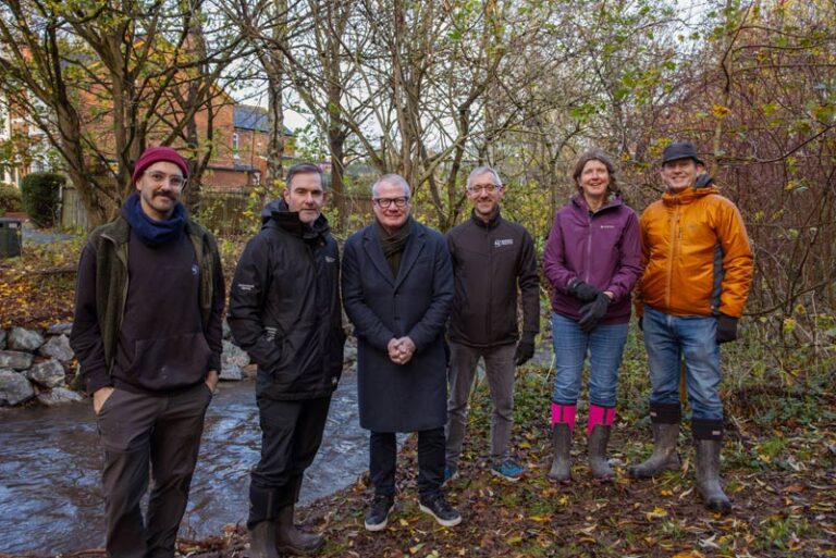 Mayor Richard Parker at the River Rea restoration project, with Jake Williams, Birmingham and Black Country Wildlife Trust, Adam Noon, Environment Agency, Dan Brown, Birmingham and Black Country Wildlife Trust, and Jackie Homan and Mike Webb, West Midlands Combined Authority.