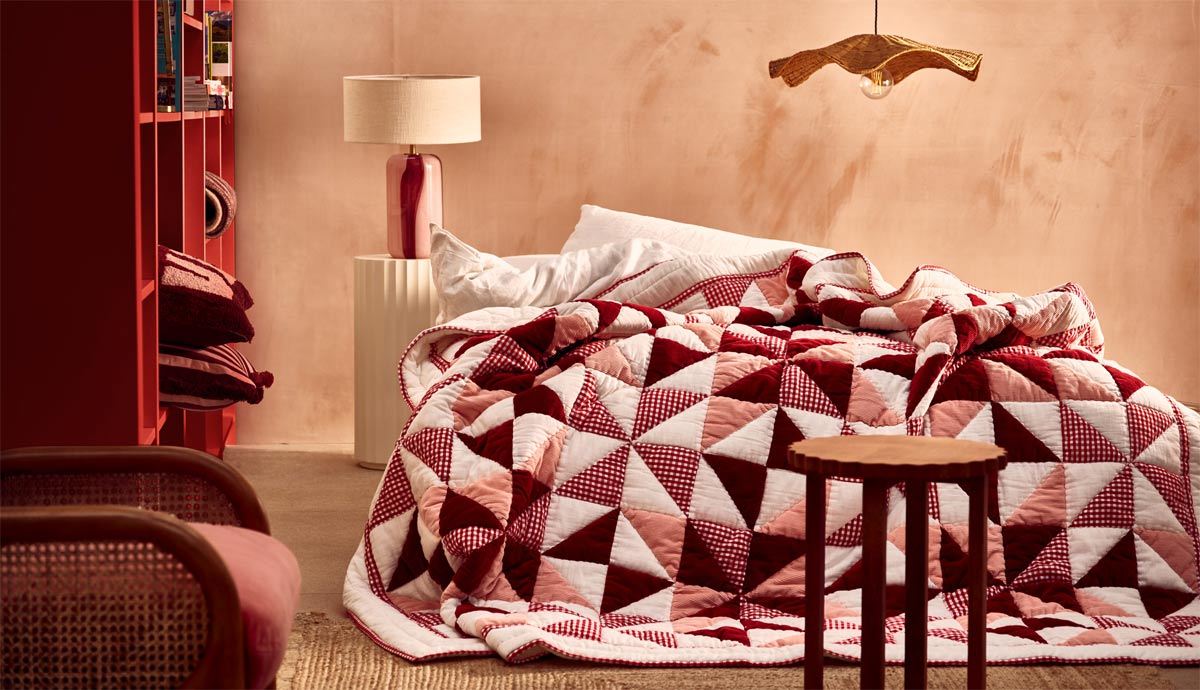 Burgundy & Pink Gingham Patchwork Quilt from Oliver Bonas